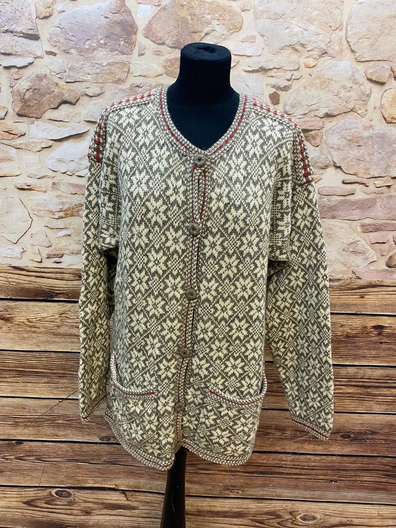 Vintage Norweger Strickjacke mit traditionellem Muster – Größe 42