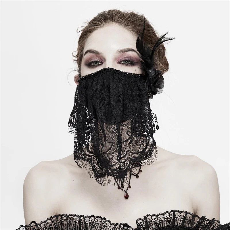 Gothic-Spitzenschleier für Damen mit Rosen- und Federaccessoire