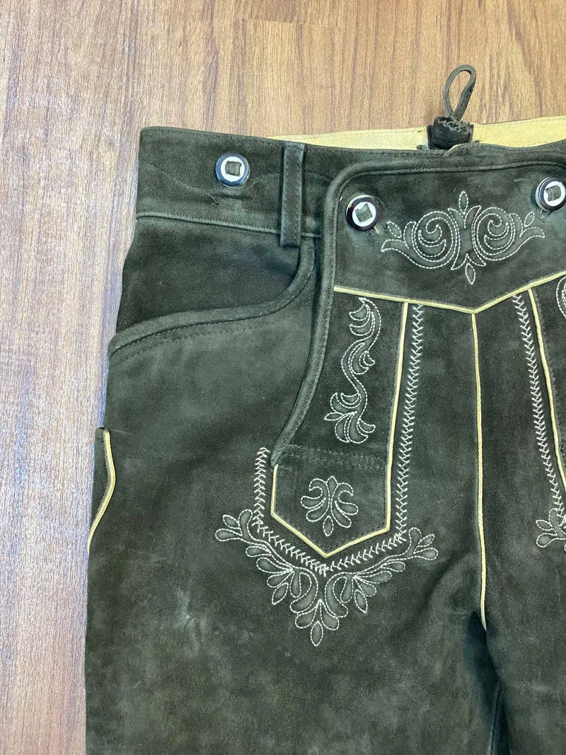 Vintage Lederhose Herren Kniebund Gr. ca. 50 – Distler dunkelbraun Trachtenhose mit Stickerei