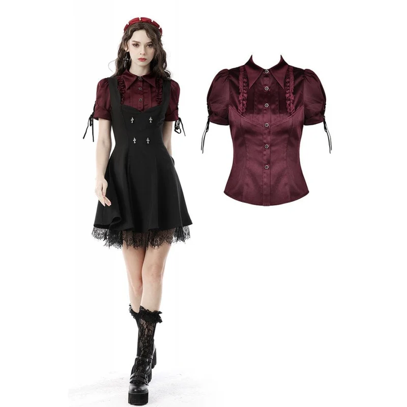 Gothic Rüschenhemd mit kurzen Puffärmeln für Damen in Rot