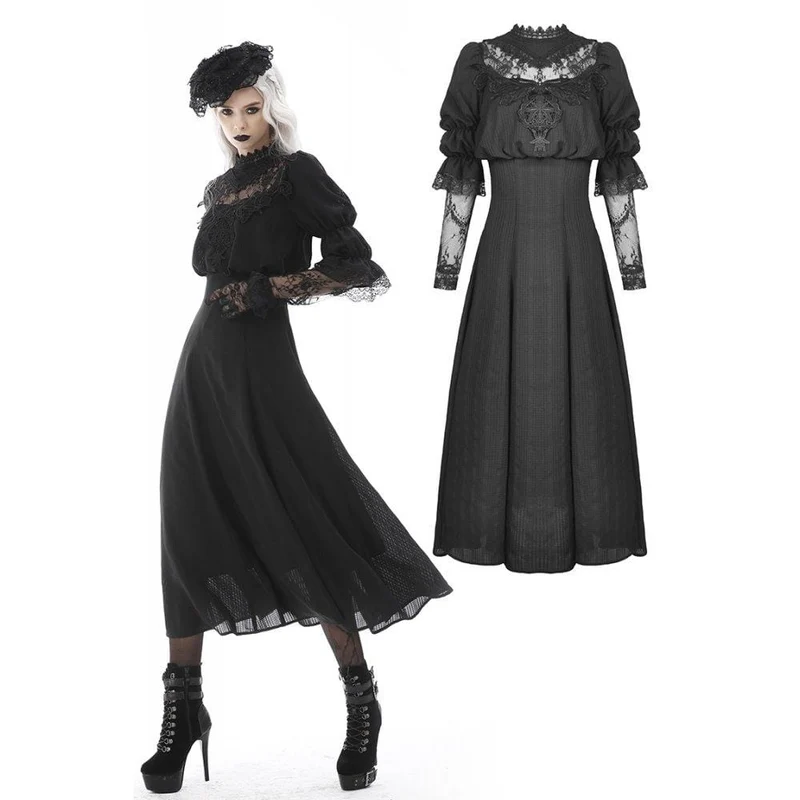 Damen Gothic Stehkragen Spitzenspleiß Maxi Brautkleid