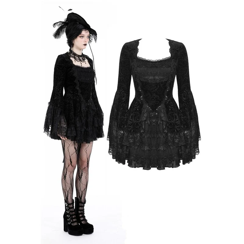 Damen-Gothic-Kleid aus mehrlagigem Samt mit ausgestellten Ärmeln
