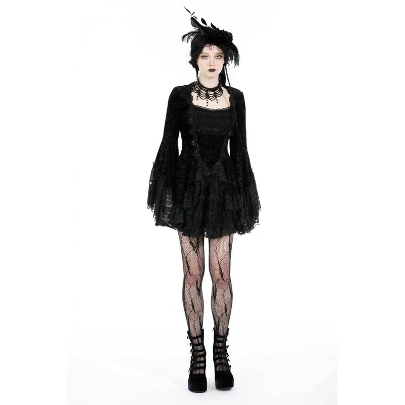 Damen-Gothic-Kleid aus mehrlagigem Samt mit ausgestellten Ärmeln