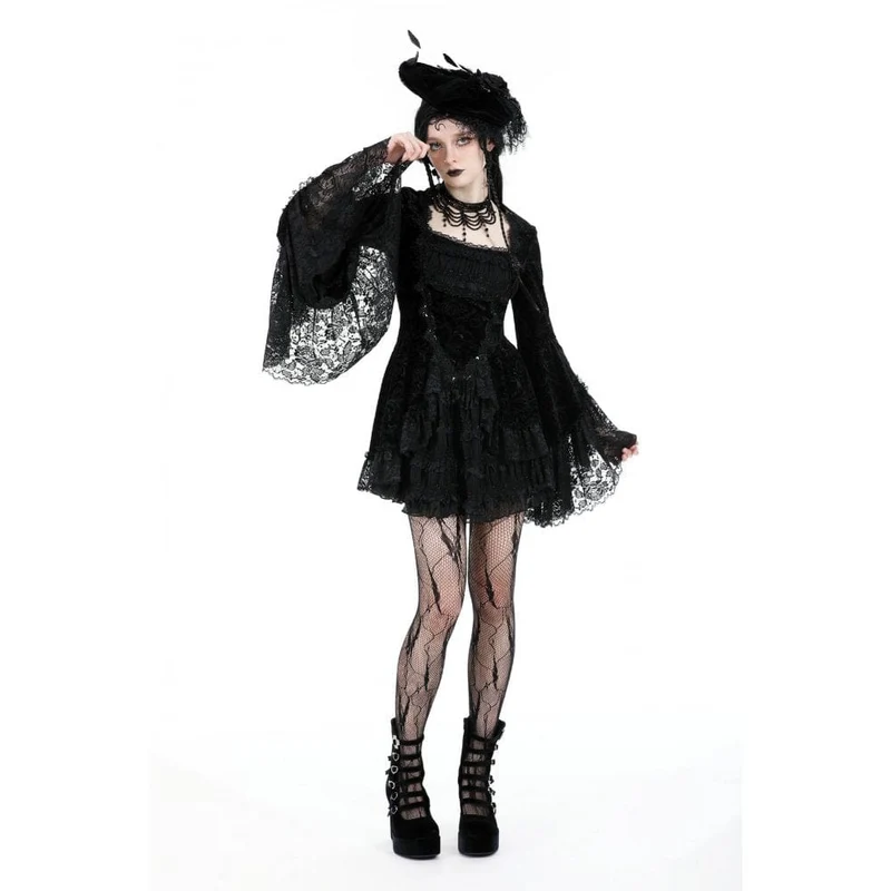 Damen-Gothic-Kleid aus mehrlagigem Samt mit ausgestellten Ärmeln