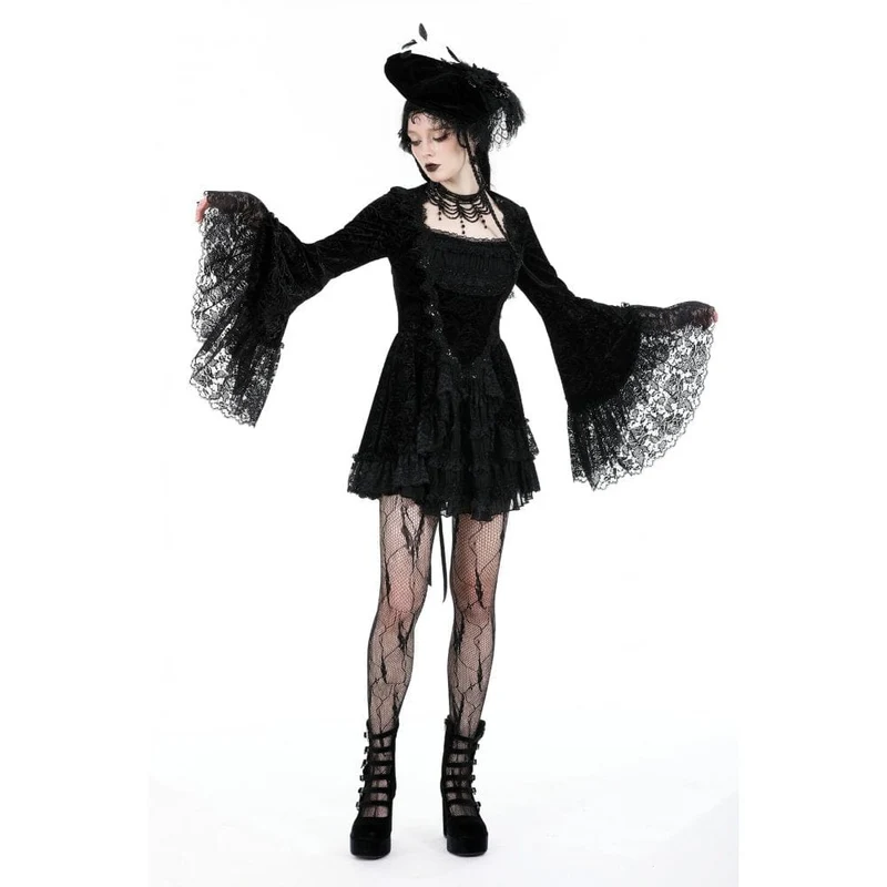 Damen-Gothic-Kleid aus mehrlagigem Samt mit ausgestellten Ärmeln