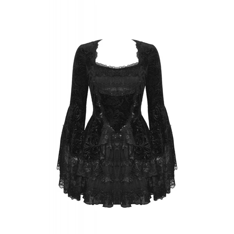 Damen-Gothic-Kleid aus mehrlagigem Samt mit ausgestellten Ärmeln