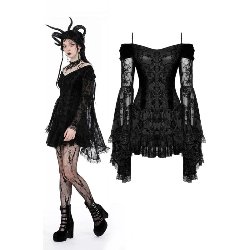 Gothic-Kleid aus Samt mit schulterfreiem Ausschnitt und Mesh-Einsätzen, Abschlusskleid