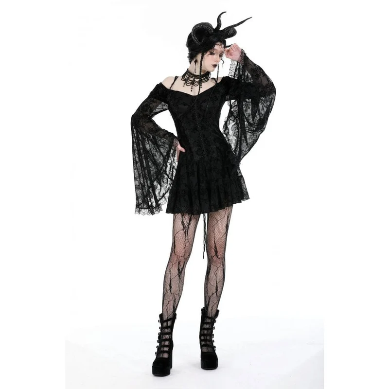 Gothic-Kleid aus Samt mit schulterfreiem Ausschnitt und Mesh-Einsätzen, Abschlusskleid