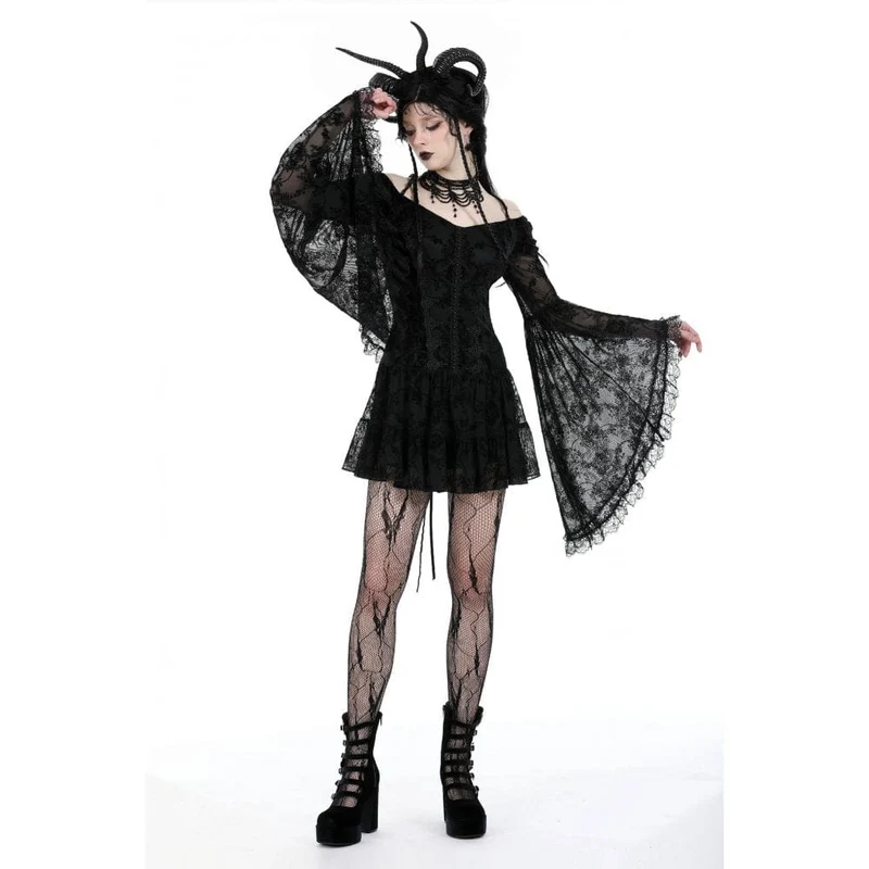 Gothic-Kleid aus Samt mit schulterfreiem Ausschnitt und Mesh-Einsätzen, Abschlusskleid