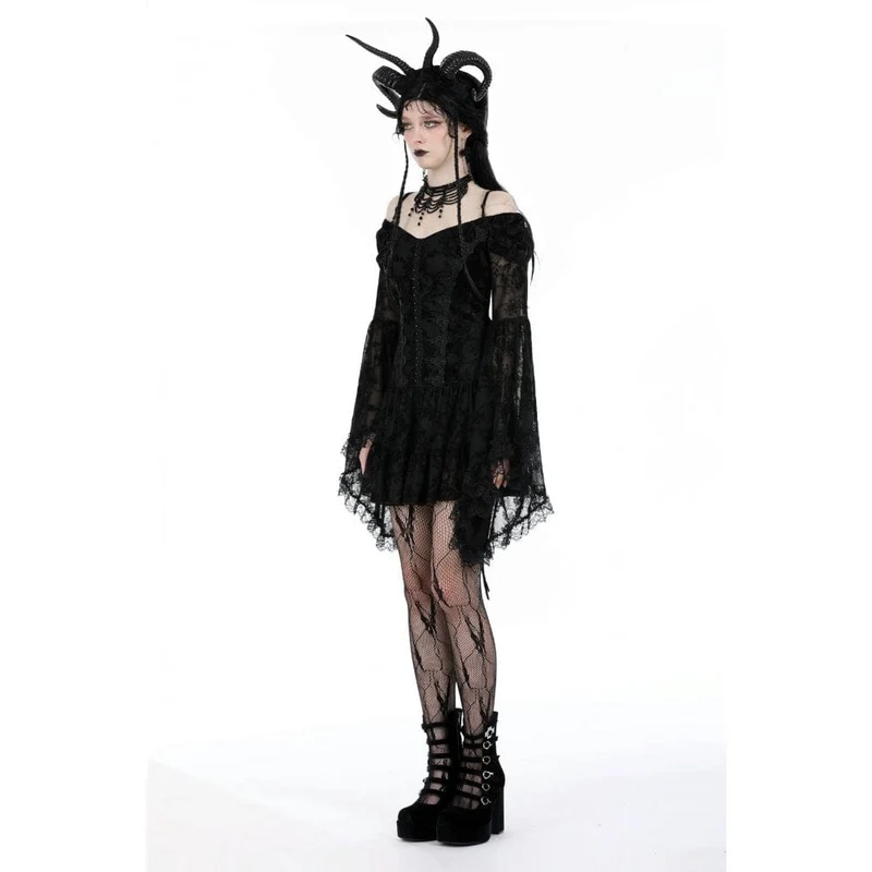 Gothic-Kleid aus Samt mit schulterfreiem Ausschnitt und Mesh-Einsätzen, Abschlusskleid