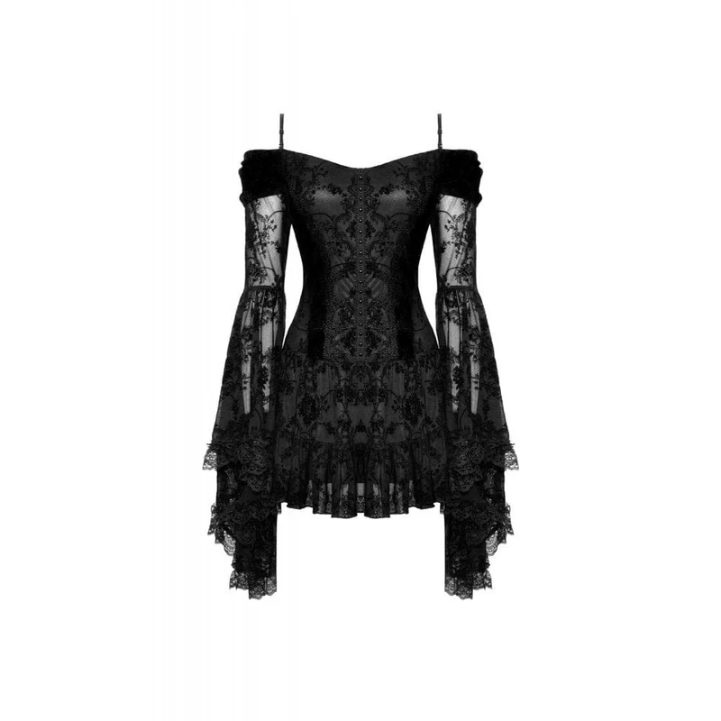 Gothic-Kleid aus Samt mit schulterfreiem Ausschnitt und Mesh-Einsätzen, Abschlusskleid