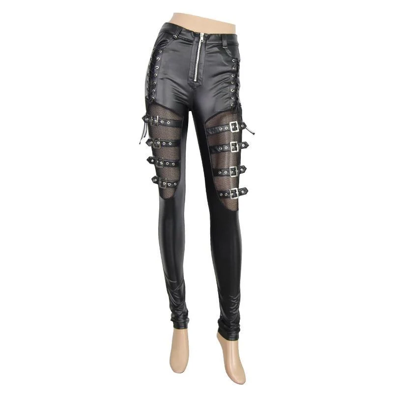 Damen Skinny Leather Lace und Straps Punk Hose
