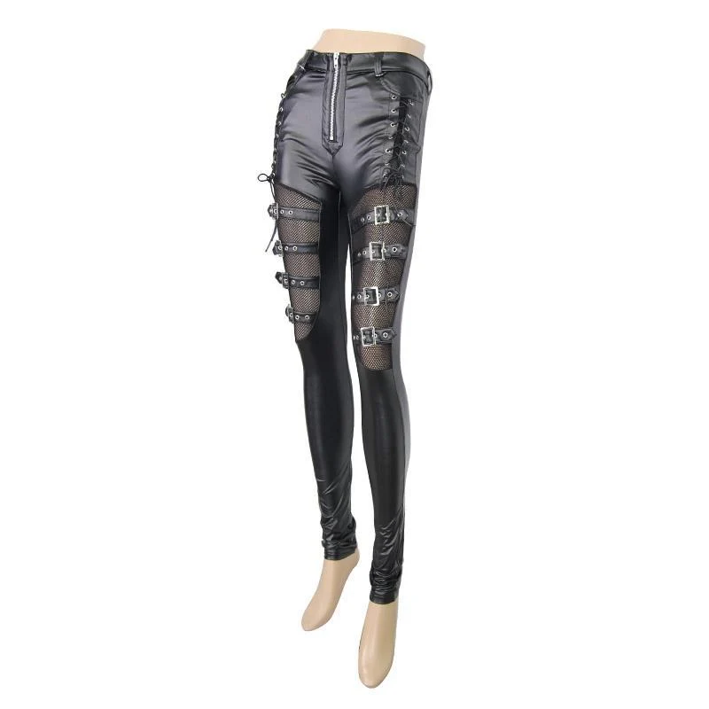 Damen Skinny Leather Lace und Straps Punk Hose