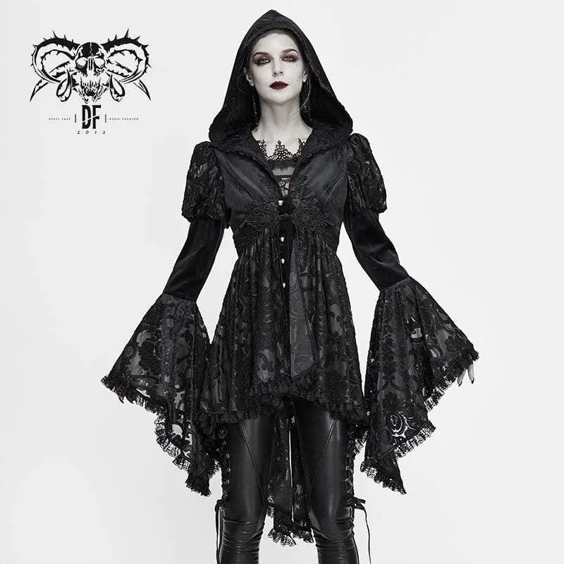 Damen Gothic Flare Sleeve Floral Mesh Jacken mit Kapuze