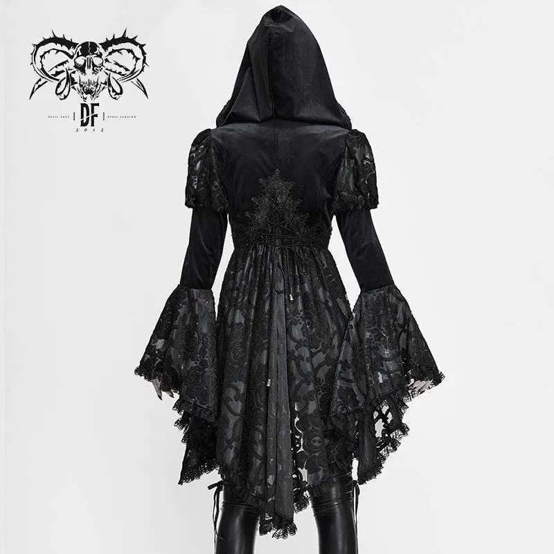 Damen Gothic Flare Sleeve Floral Mesh Jacken mit Kapuze