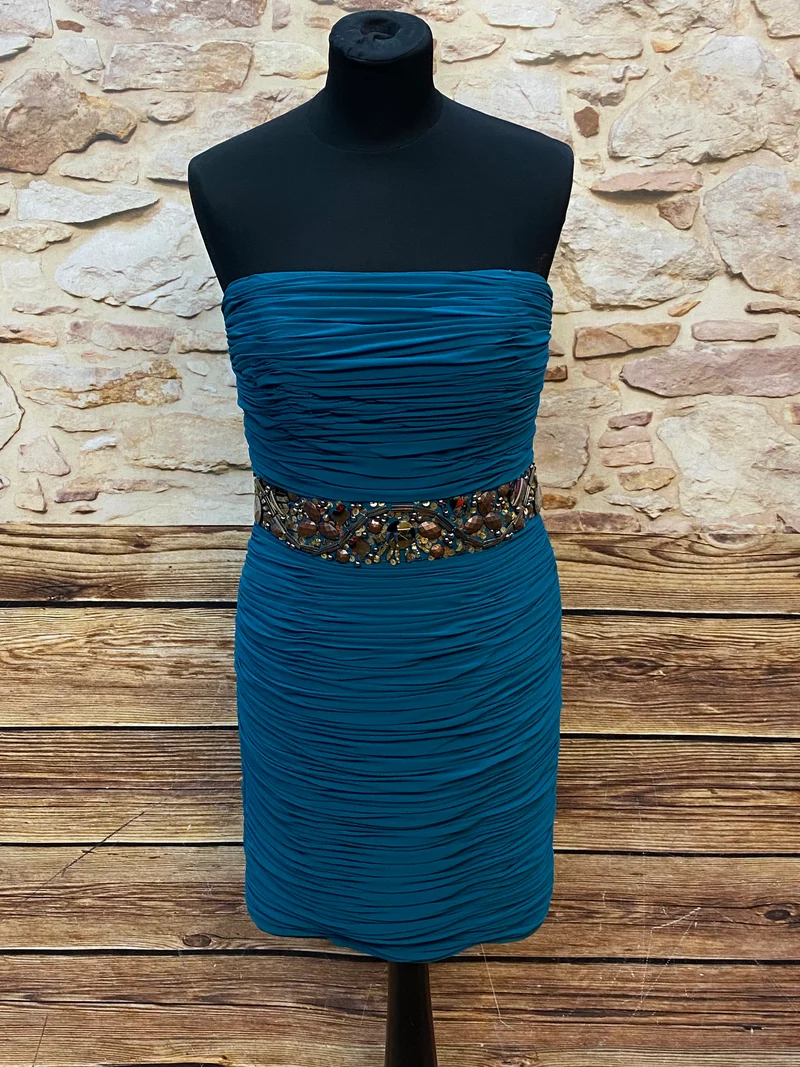 Cocktailkleid blau trägerlos Unique mit Steingürtel Gr. 36