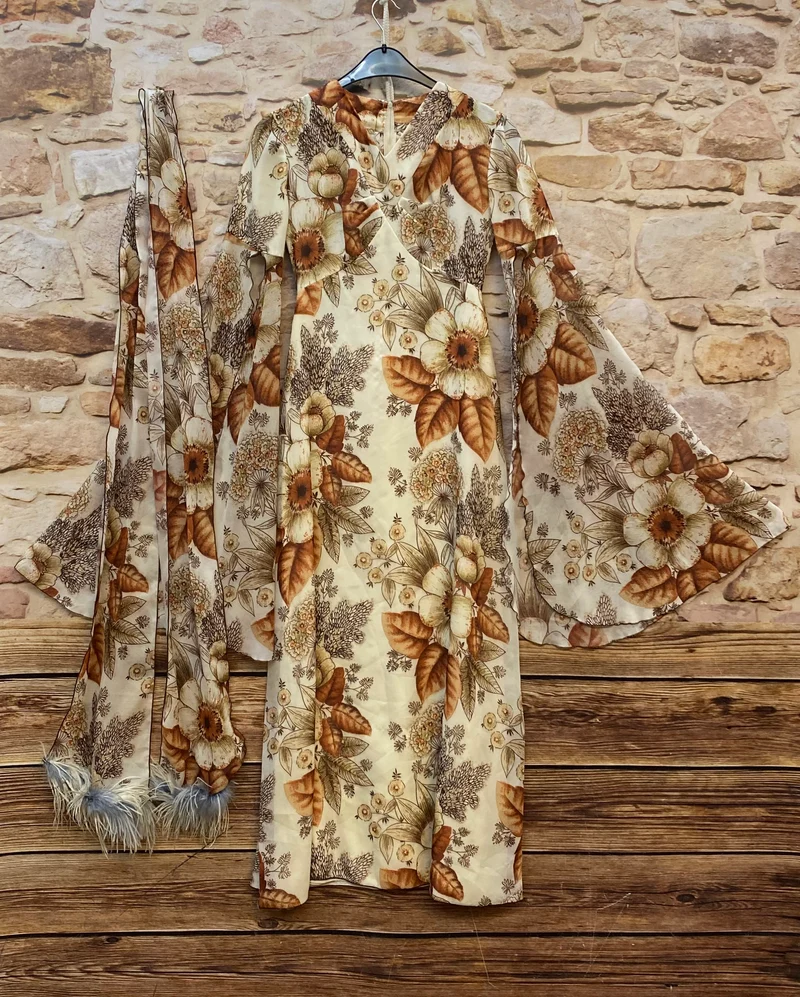 1970er Vintage Maxikleid Damen Braun Blumen Fledermausärmel Gr. 34