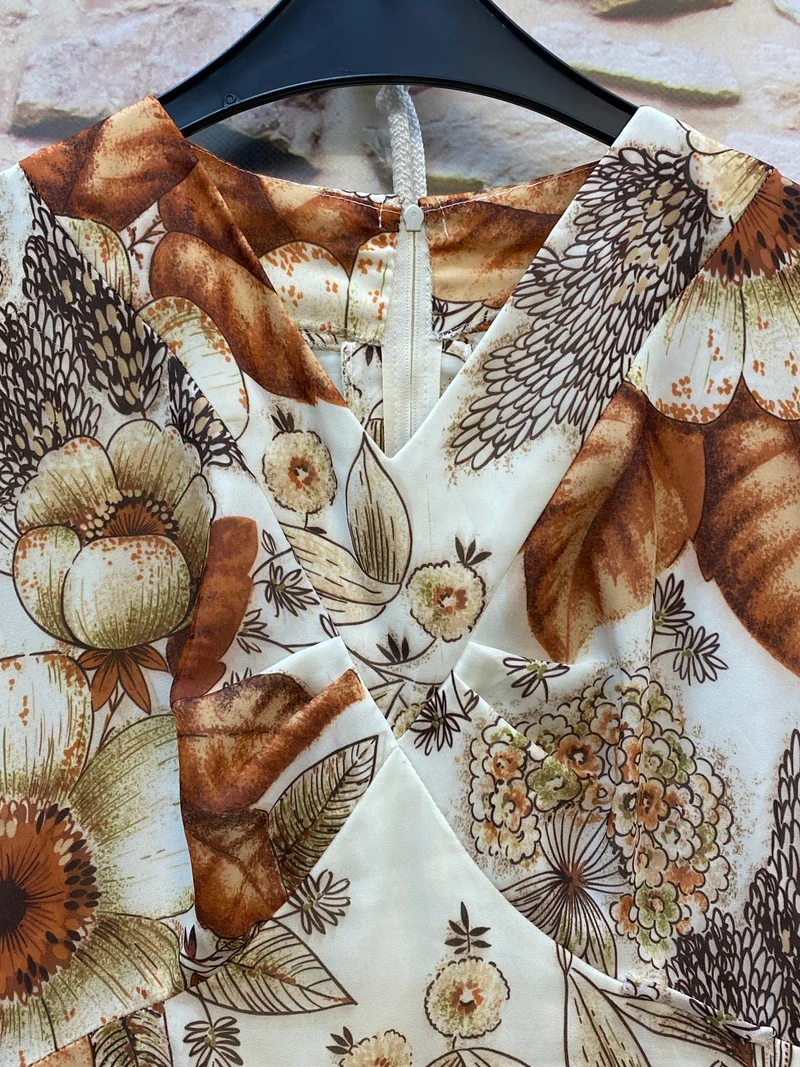1970er Vintage Maxikleid Damen Braun Blumen Fledermausärmel Gr. 34