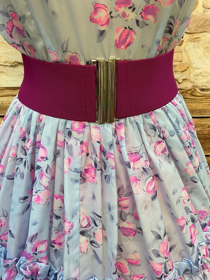 50er Jahre Petticoatkleid Blau Rosa – Rockabilly Tellerrock Kleid mit Blumen & Gürtel Gr. 36