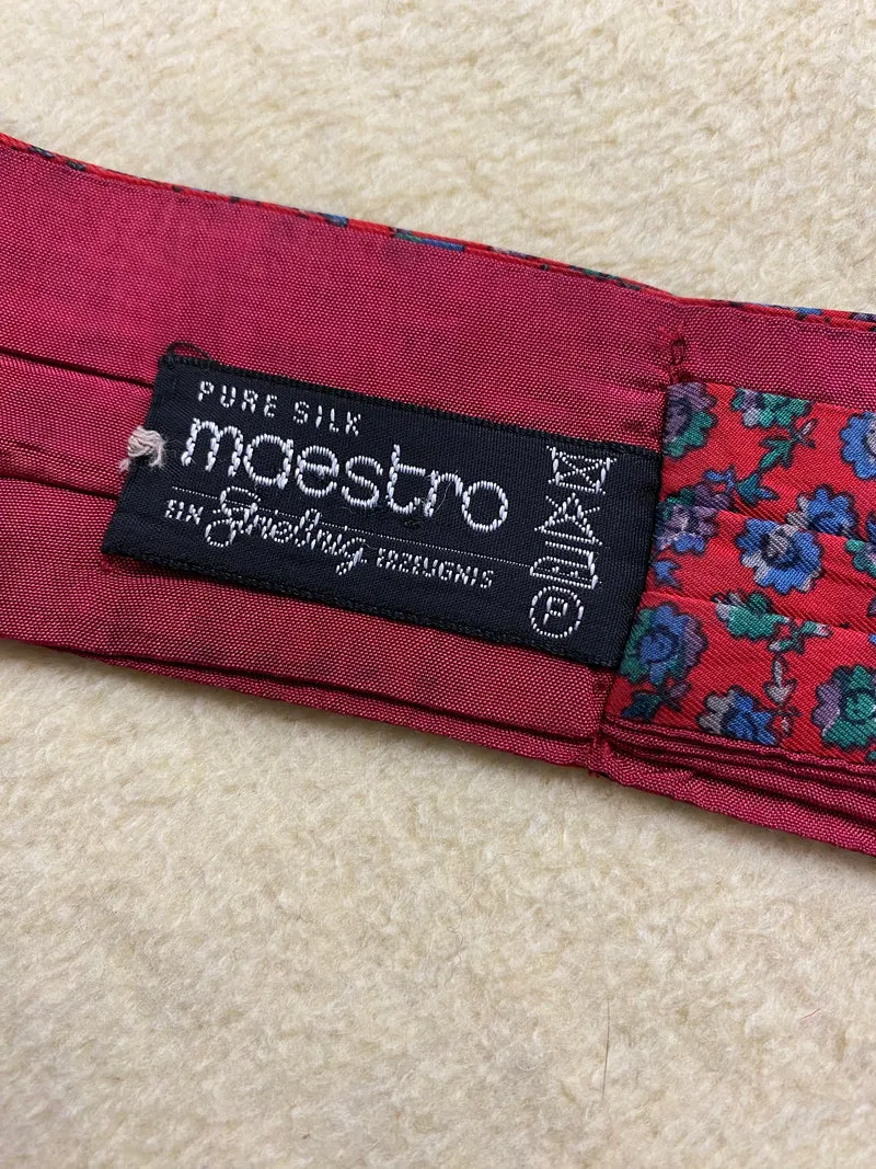 Vintage Ascot Krawatte Rot Geblümt Seide – Maestro Italy Schalkrawatte Herren