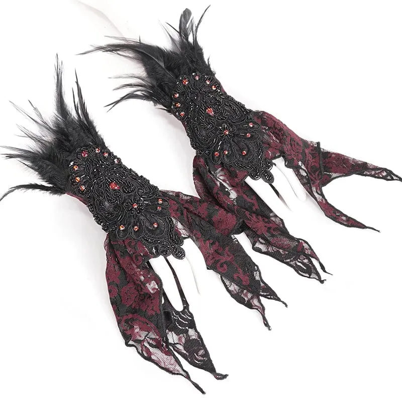 Gothic-Handschuhe für Damen mit unregelmäßigem Feder- und Perlenbesatz aus roter Spitze