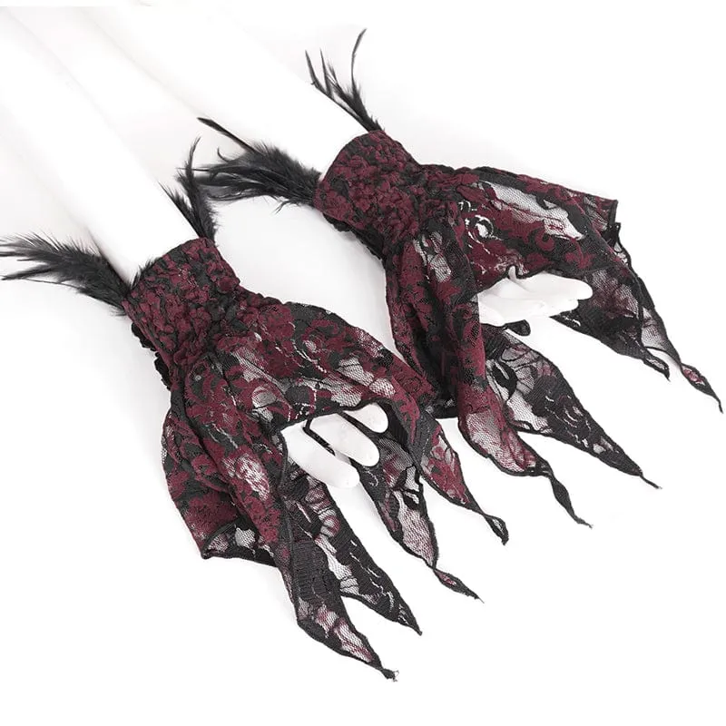 Gothic-Handschuhe für Damen mit unregelmäßigem Feder- und Perlenbesatz aus roter Spitze