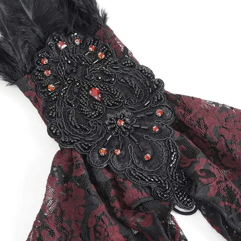 Gothic-Handschuhe für Damen mit unregelmäßigem Feder- und Perlenbesatz aus roter Spitze