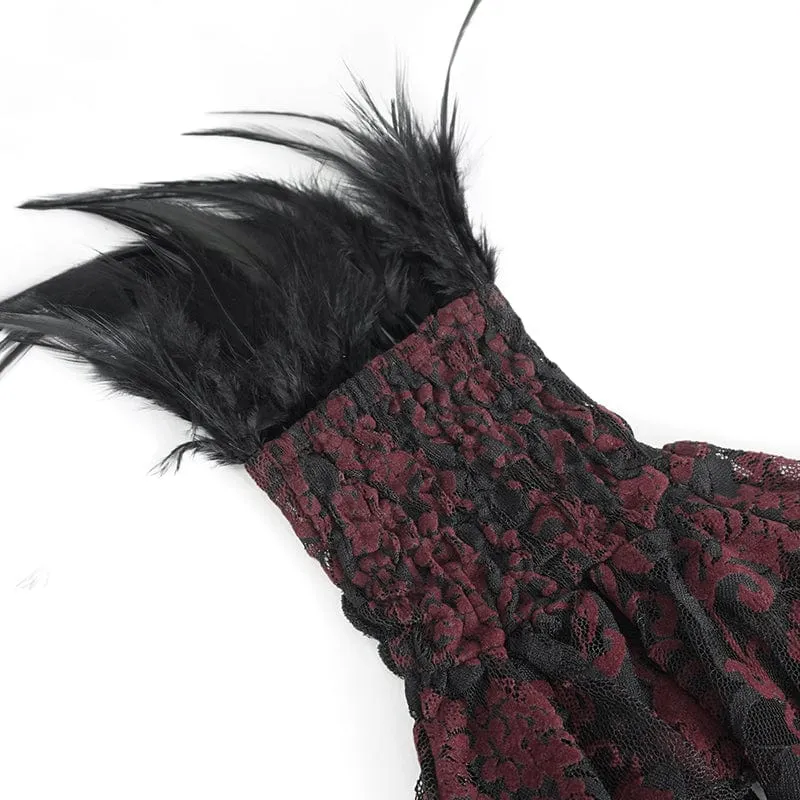 Gothic-Handschuhe für Damen mit unregelmäßigem Feder- und Perlenbesatz aus roter Spitze