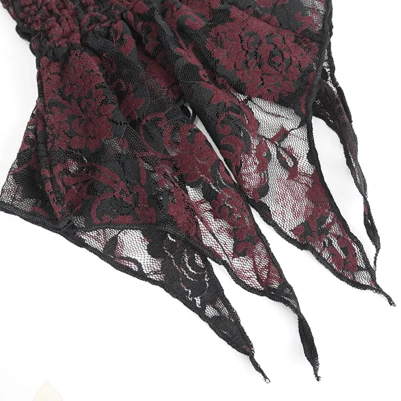 Gothic-Handschuhe für Damen mit unregelmäßigem Feder- und Perlenbesatz aus roter Spitze