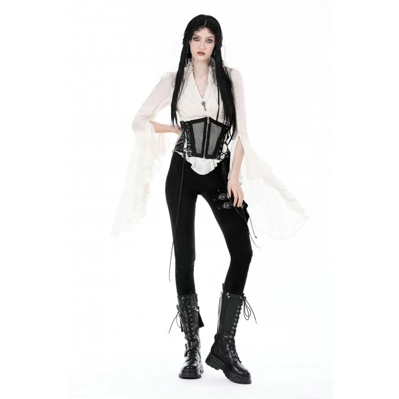 Steampunk-Shirt für Damen mit Rüschen, ausgestellten Ärmeln und V-Ausschnitt