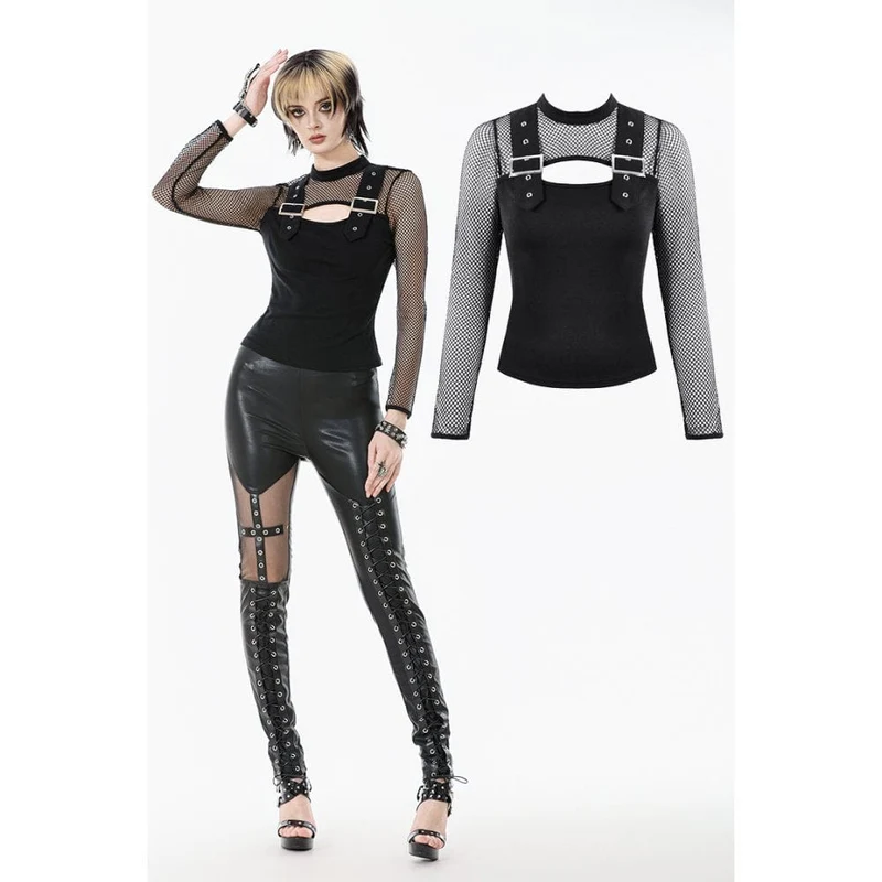 Damen Punk Cut-out Mesh Splice Top mit Schnallenriemen