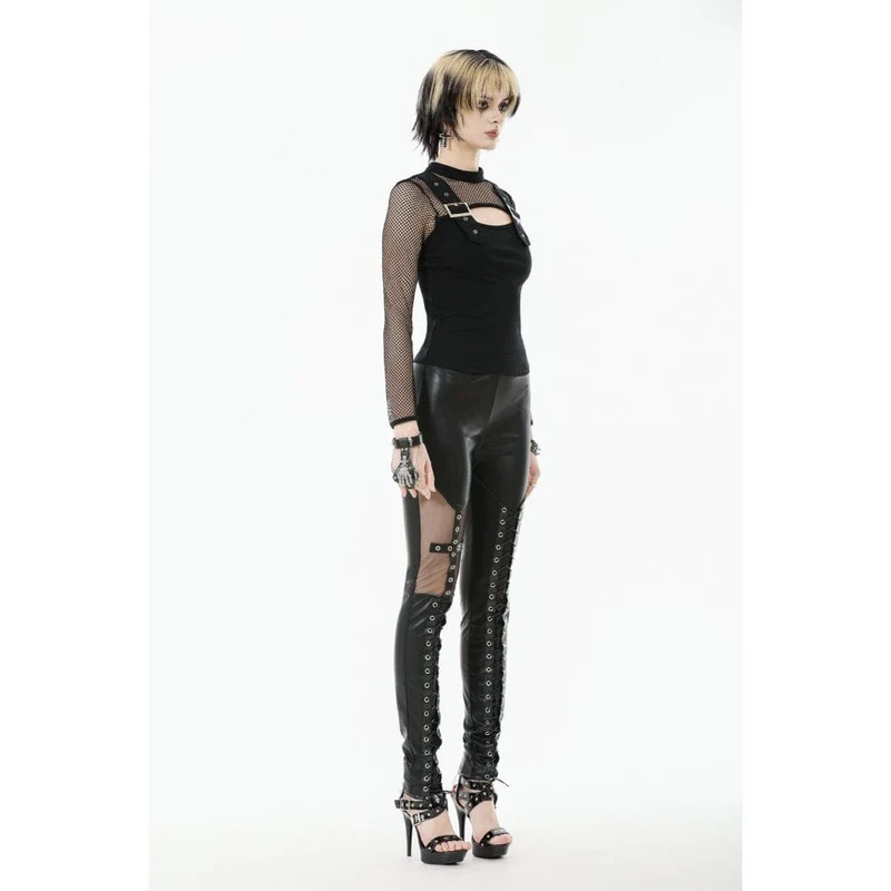 Damen Punk Cut-out Mesh Splice Top mit Schnallenriemen