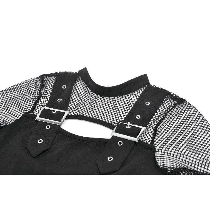 Damen Punk Cut-out Mesh Splice Top mit Schnallenriemen