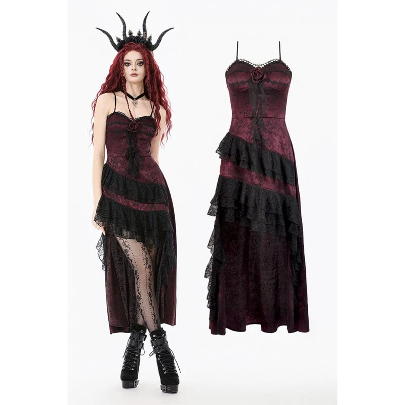 Gothic-Brautkleid für Damen mit Rosenmuster, mehrlagiger Spitze, Rüschen und asymmetrischem Schnitt