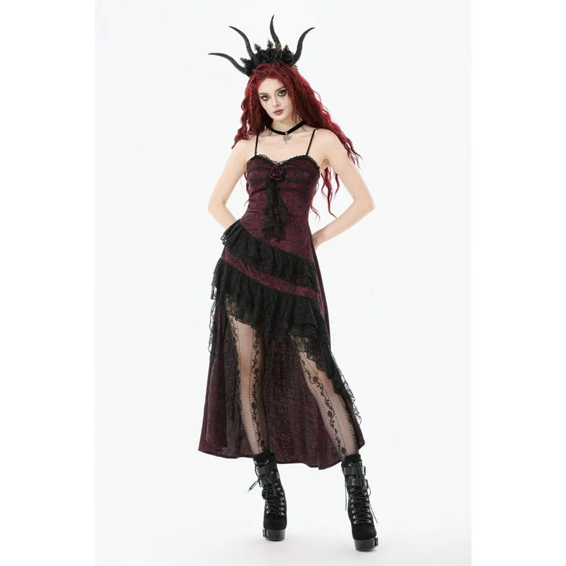Gothic-Brautkleid für Damen mit Rosenmuster, mehrlagiger Spitze, Rüschen und asymmetrischem Schnitt