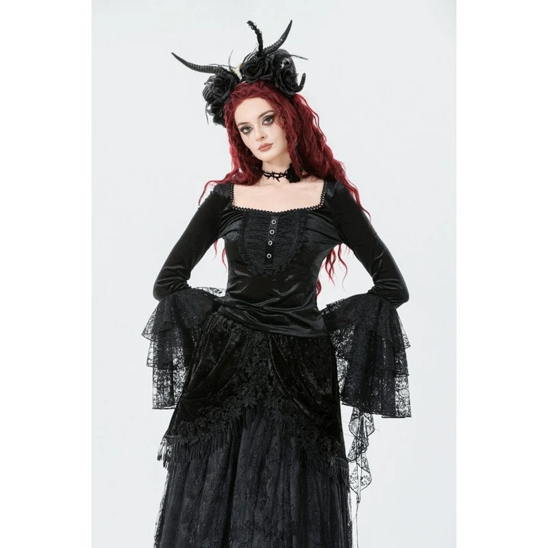 Gothic-Oberteil aus Samt mit quadratischem Kragen und ausgestellten Ärmeln für Damen