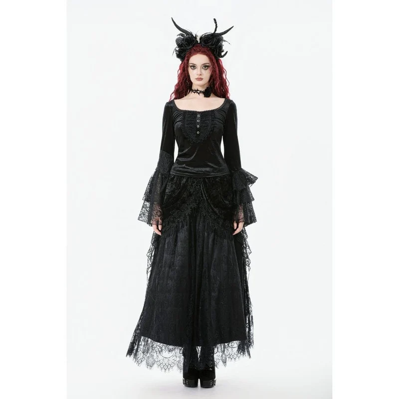 Gothic-Oberteil aus Samt mit quadratischem Kragen und ausgestellten Ärmeln für Damen