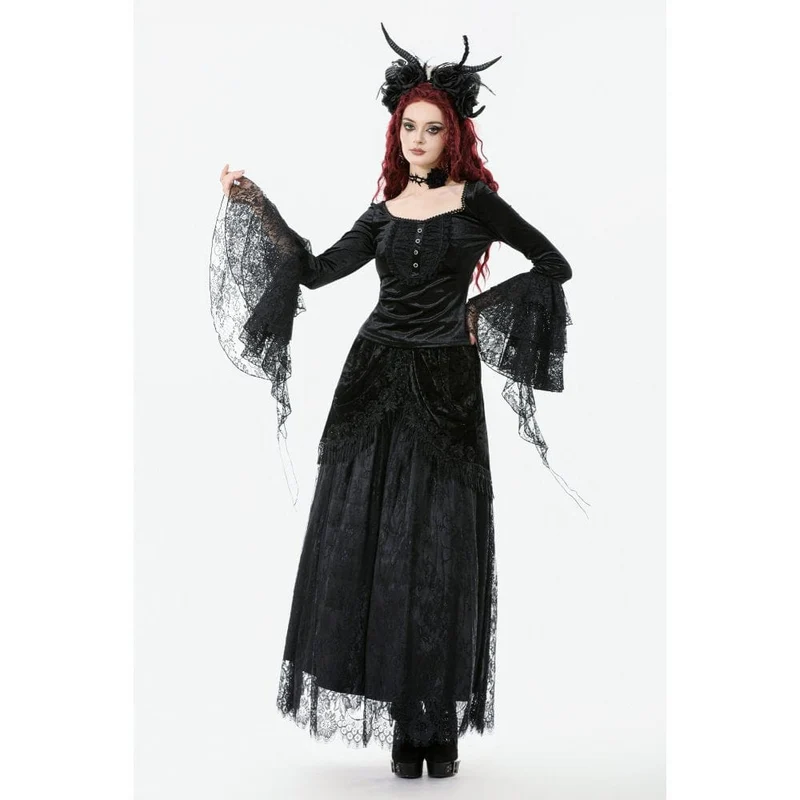 Gothic-Oberteil aus Samt mit quadratischem Kragen und ausgestellten Ärmeln für Damen
