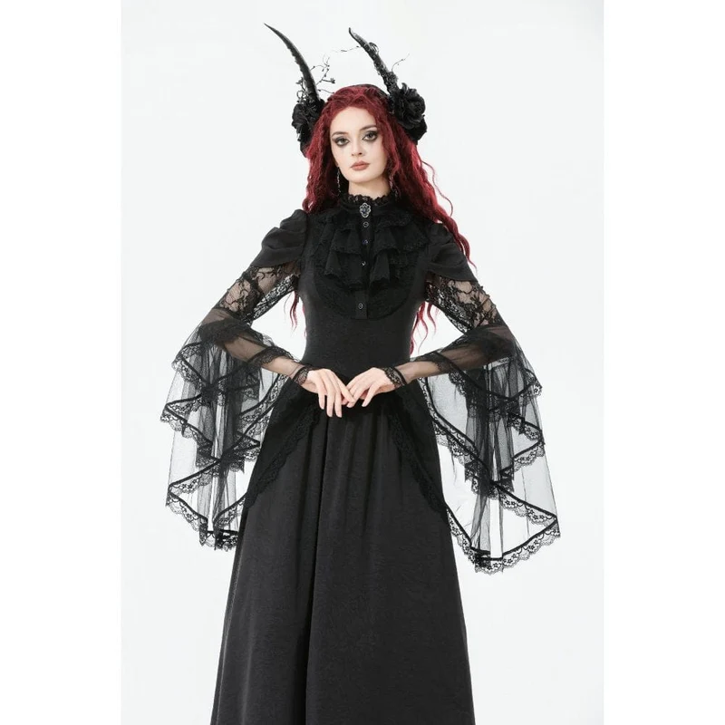 Gothic-Brautkleid für Damen mit Stehkragen, Rüschen, ausgestellten Ärmeln und Mesh-Einsätzen