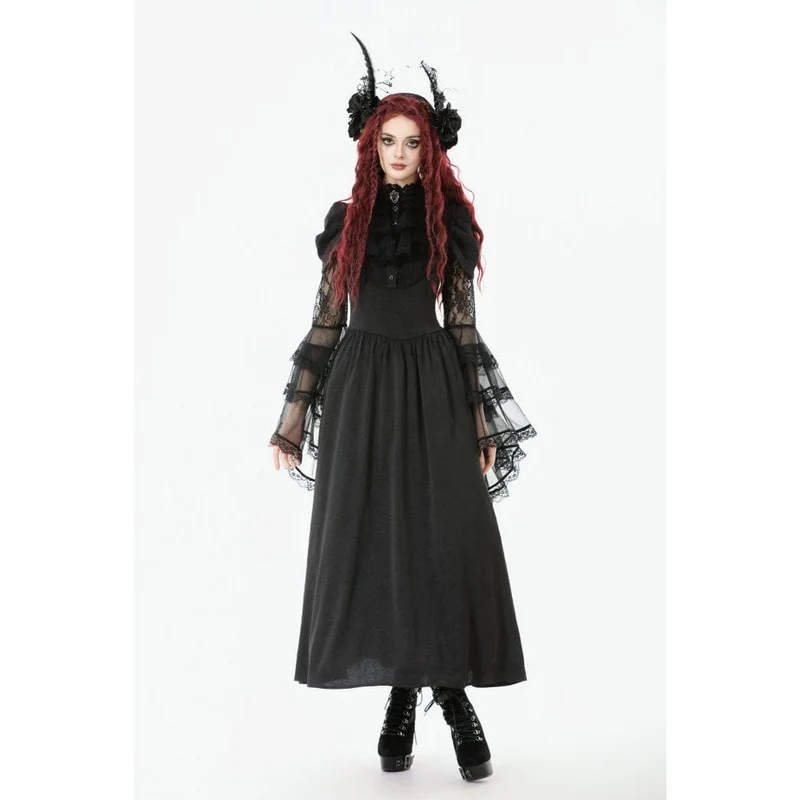 Gothic-Brautkleid für Damen mit Stehkragen, Rüschen, ausgestellten Ärmeln und Mesh-Einsätzen