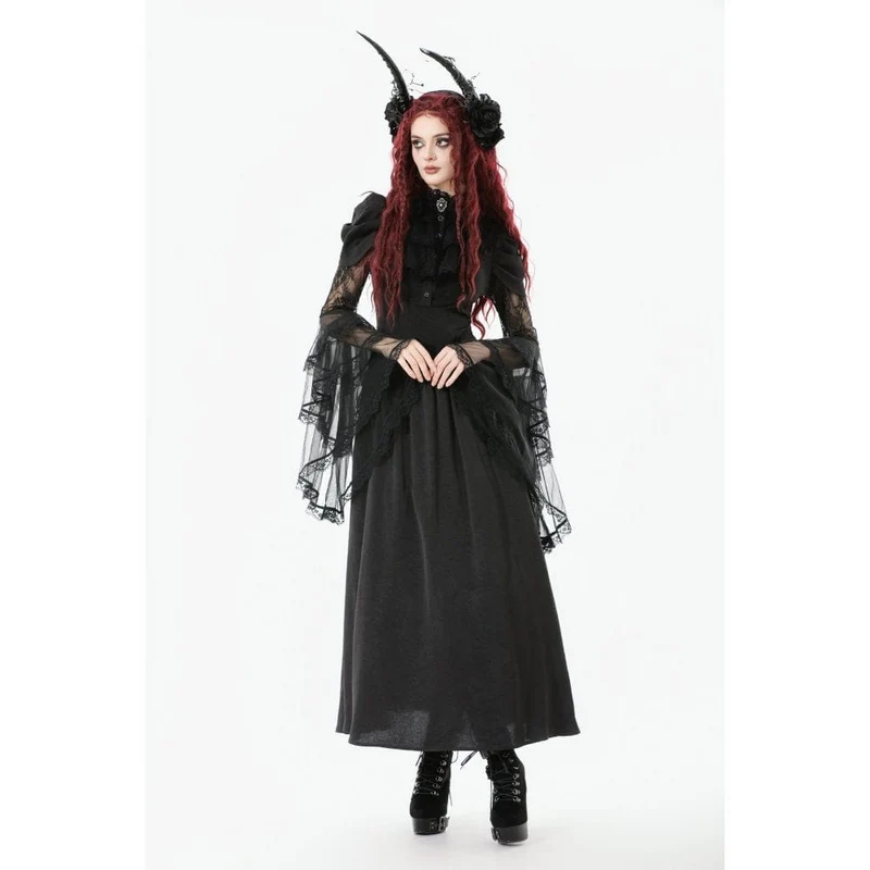 Gothic-Brautkleid für Damen mit Stehkragen, Rüschen, ausgestellten Ärmeln und Mesh-Einsätzen