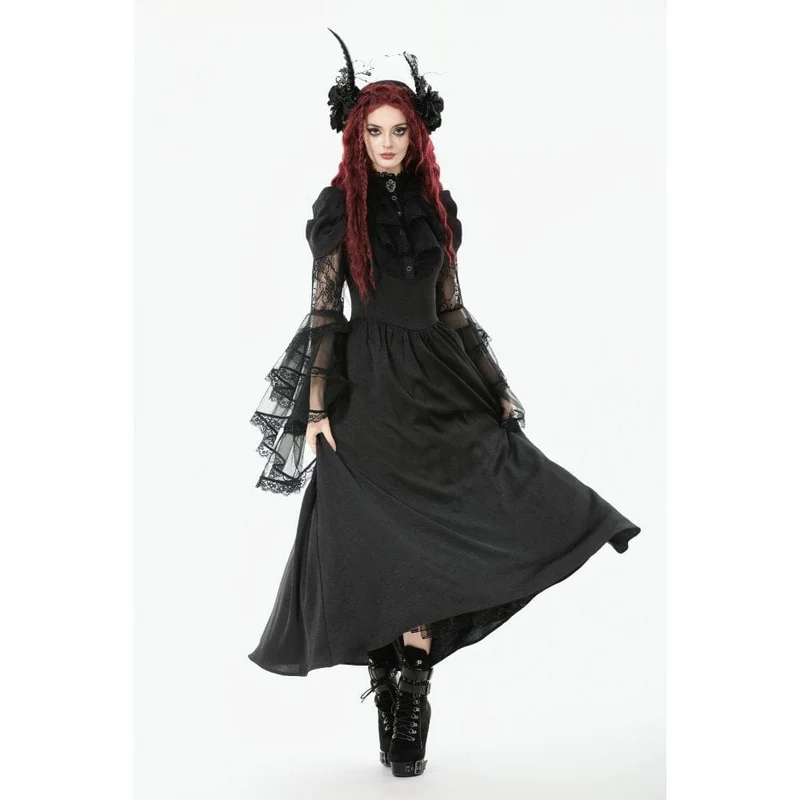Gothic-Brautkleid für Damen mit Stehkragen, Rüschen, ausgestellten Ärmeln und Mesh-Einsätzen