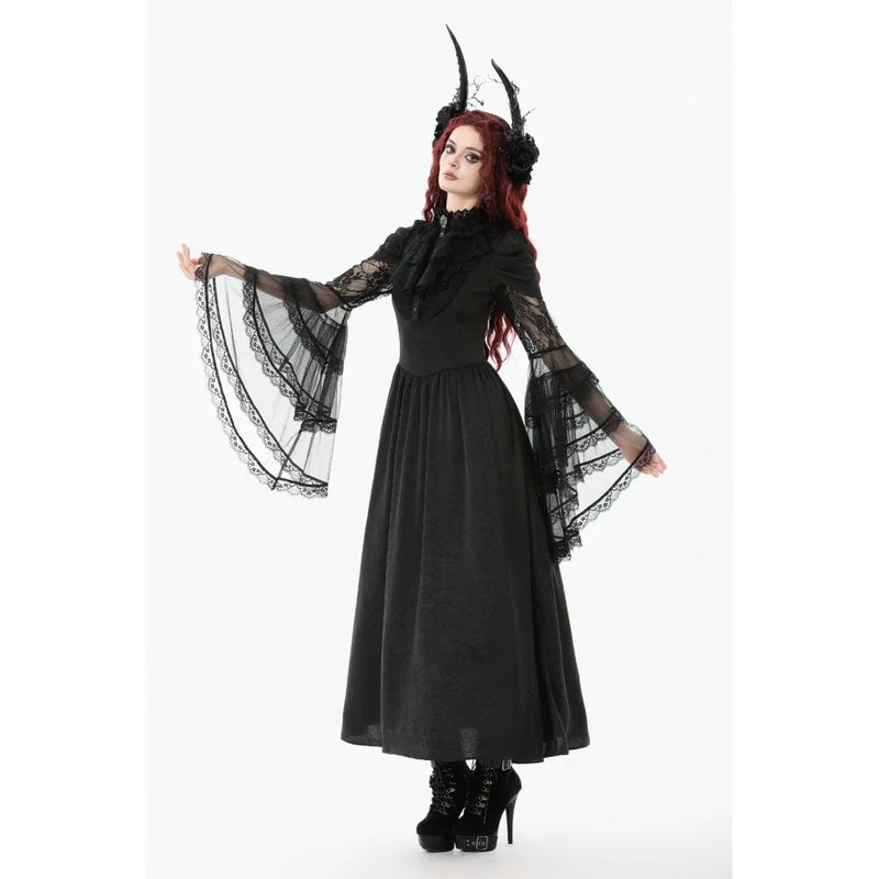 Gothic-Brautkleid für Damen mit Stehkragen, Rüschen, ausgestellten Ärmeln und Mesh-Einsätzen