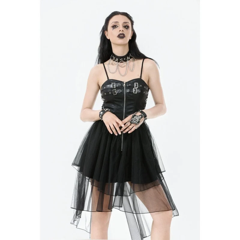 Damen-Slip-Kleid mit Punk-Schnallenriemen und Schnürung aus Mesh