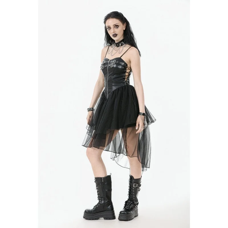 Damen-Slip-Kleid mit Punk-Schnallenriemen und Schnürung aus Mesh