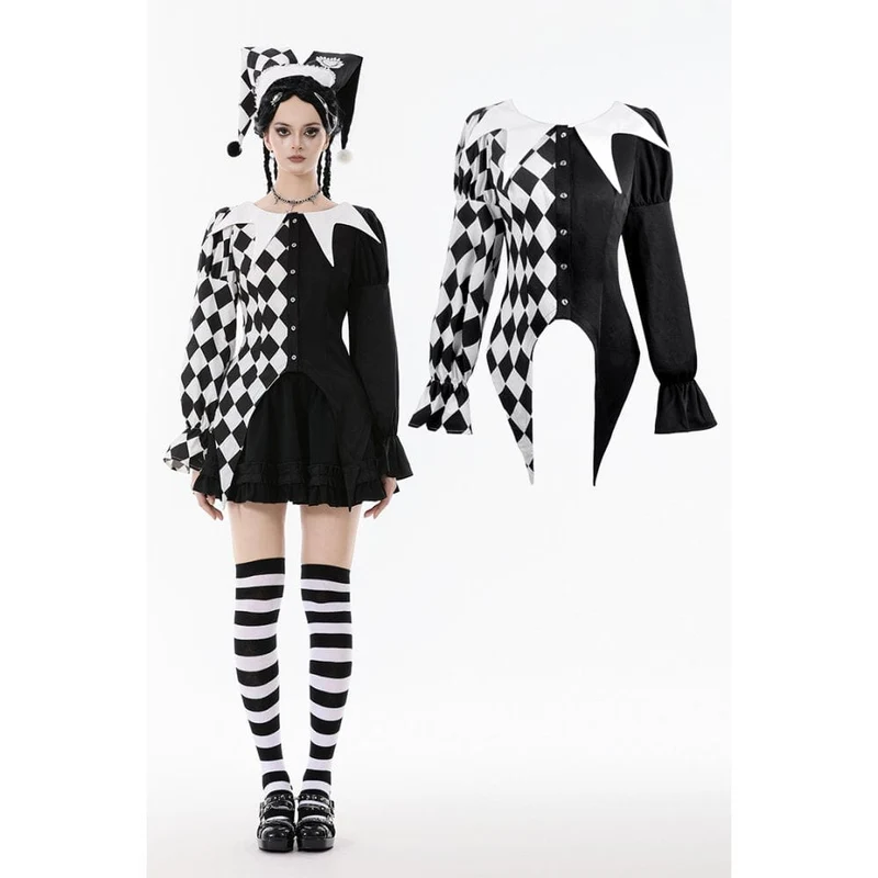 Gothic-Langarmhemd mit Rautenmuster und Kontrastfarbe für Damen