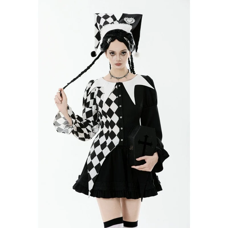 Gothic-Langarmhemd mit Rautenmuster und Kontrastfarbe für Damen
