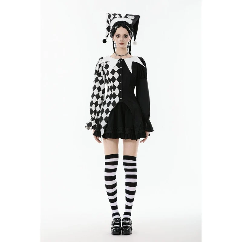 Gothic-Langarmhemd mit Rautenmuster und Kontrastfarbe für Damen