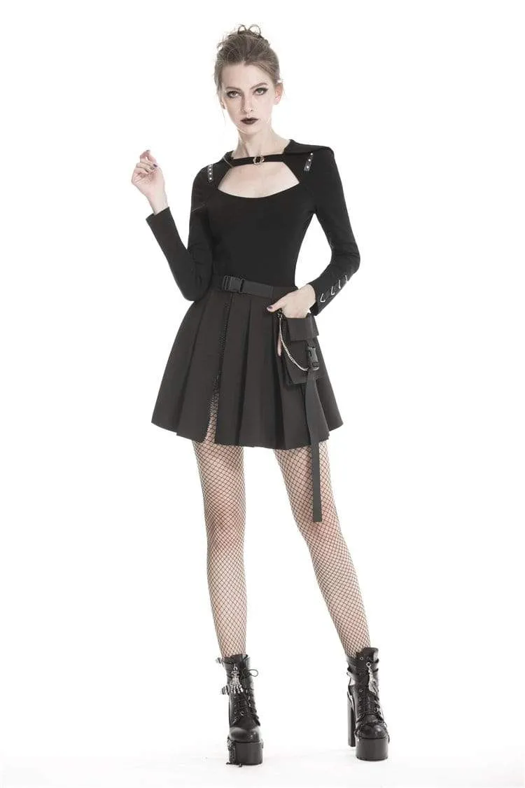Frauen Gothic Schwarz Plissee Minirock Mit Taille Tasche
