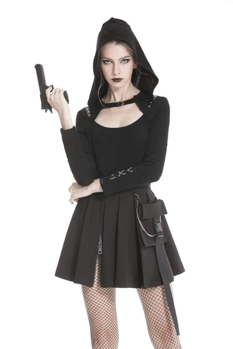 Frauen Gothic Schwarz Plissee Minirock Mit Taille Tasche